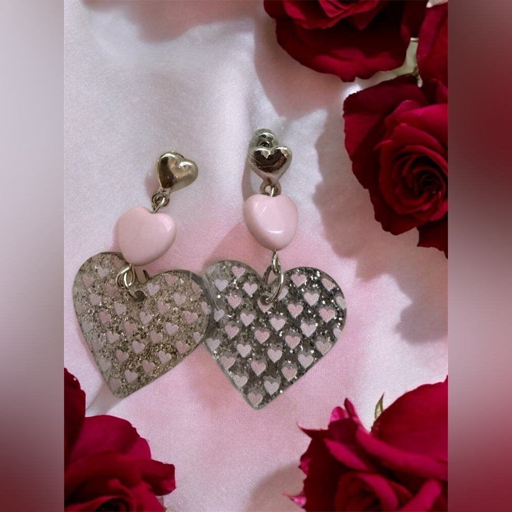 Sequin Hearts Silver and Pink Heart Earrings